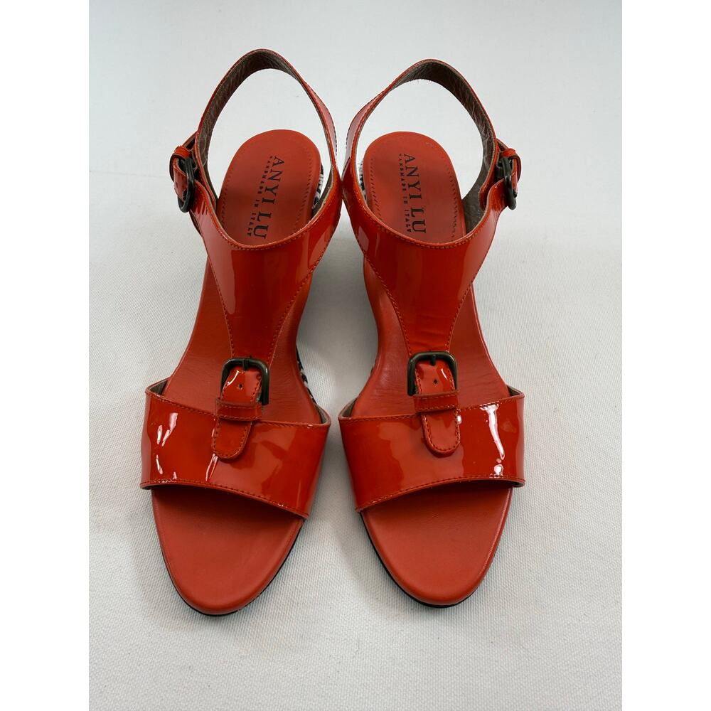 Anyi Lu Orange Patent Leather T-Strap Wedge Sandals Italy 8 Luxury Designer